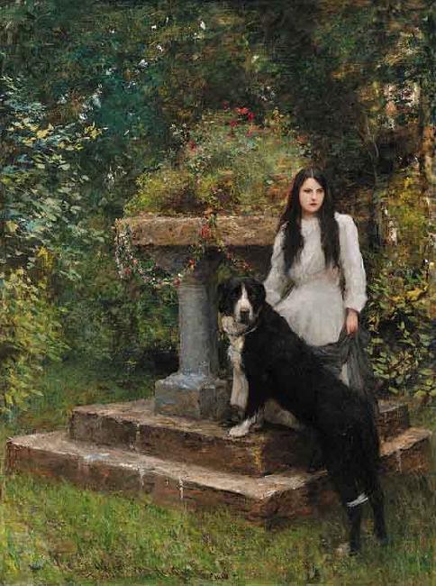 Sir Hubert von Herkomer,RA,RWS A young girl and her dog France oil painting art